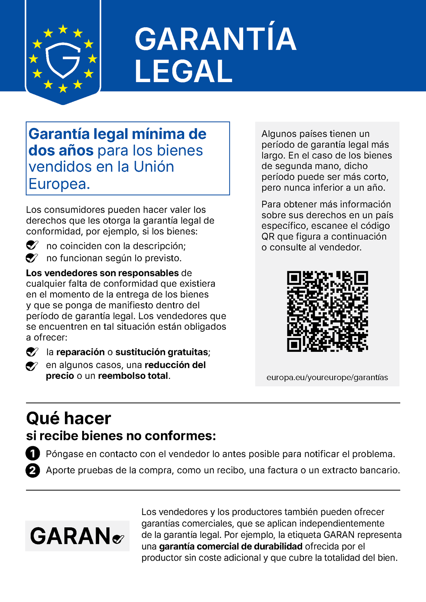 Aviso oficial europeo de garantía legal de conformidad