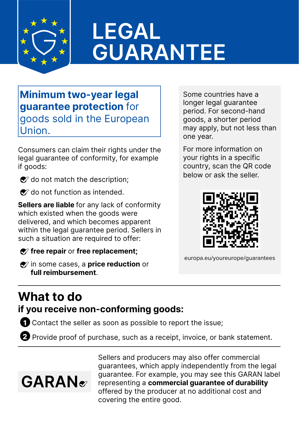 Official European notice on the legal guarantee of conformity